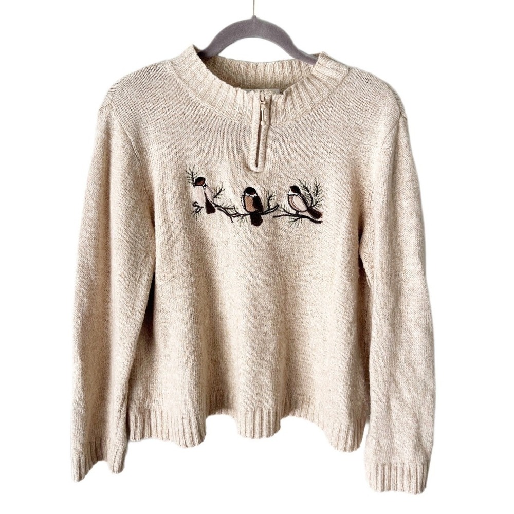 Vintage 2000s Embroidered Bird Cozy Cabincore Sweater Petite Large Wool Blend